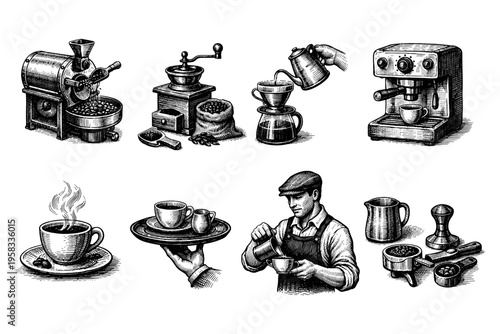 Vintage coffee making process illustrations with roasting, grinding, brewing, and serving