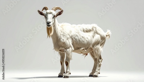 A realistic, full-body studio photograph of a white goat with horns and a beard against a neutral backdrop