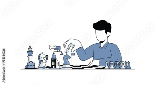A person in a blue shirt moves a chess piece on a board, with some pieces featuring business icons against a white background.