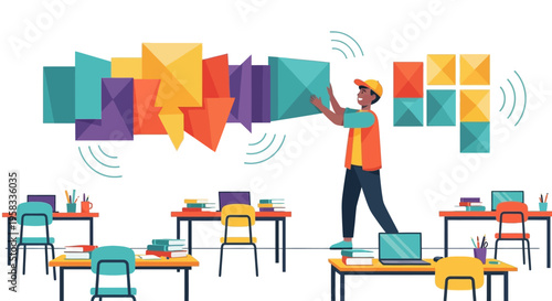 Man arranging colorful abstract shapes on wall.