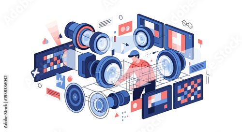 Man Assembling Futuristic Car Components with Digital Displays.