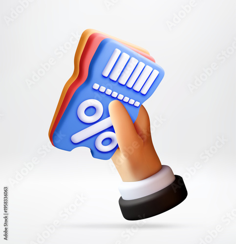 Hand holding discount ticket with percentage sign. 3d illustration of business offer and sale concept. Ecommerce shopping voucher for marketing campaign and retail store promotion. Vector illustration