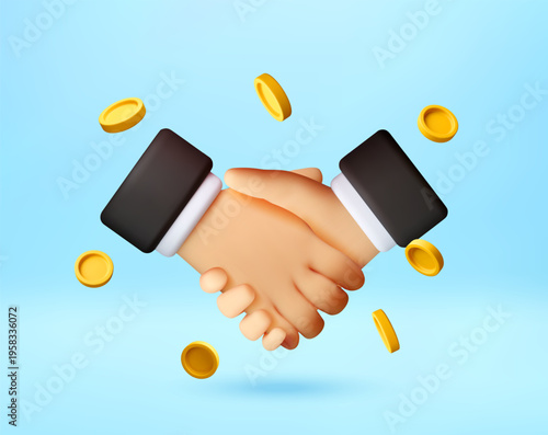 3D Handshake of two businessmen with floating gold coins. Partnership and financial success, corporate deal and cooperation concept. 3D cartoon illustration for business contract. Vector illustration