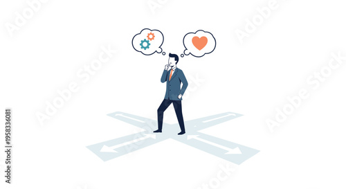 A businessman stands at a crossroads with arrows, pondering thoughts of gears and a heart in separate thought bubbles.