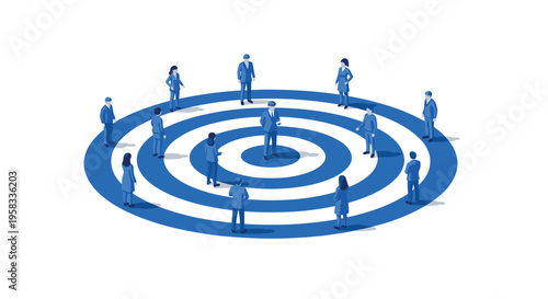 A group of people stands in a circular formation on a blue and white target, with one figure addressing the others.