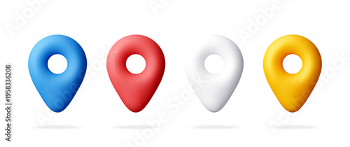 Set of colorful 3d map pointer icons. Location pin symbols for navigation and web interface design. Digital marketing and geographic positioning. Realistic glossy render elements. Vector illustration