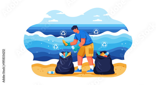 Man cleaning beach pollution with trash bags.