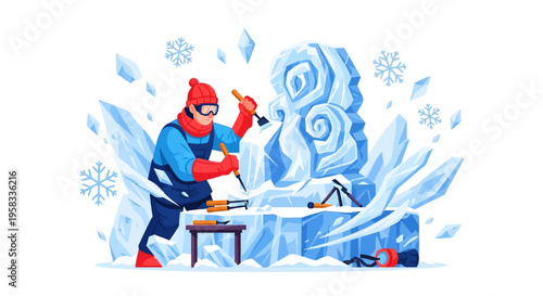 Man carving ice sculpture with tools in winter scene.