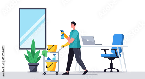 Man cleaning office with cart and supplies.