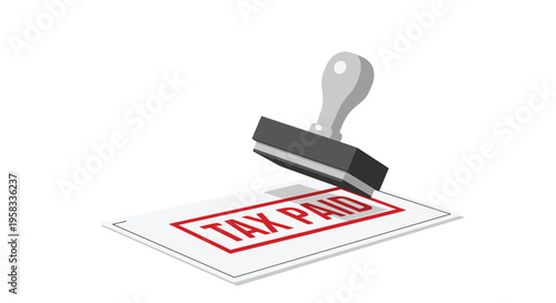 A grey rubber stamp is positioned above a white document with a red TAX PAID imprint on a white background.