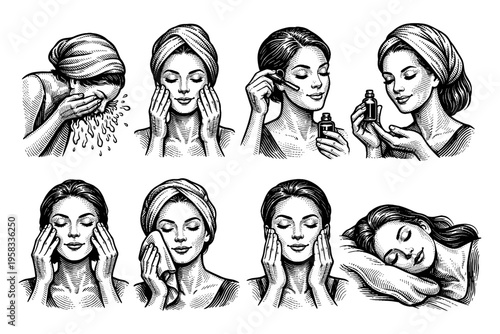 Woman's daily skincare routine illustrated in a vintage engraving style