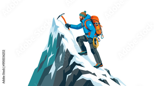 Man climbing a snowy mountain peak with ice axe.