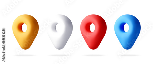 Set of four colorful 3D map pointer icons. Navigation pin symbols for location tracking and destination search. Digital graphic design for web interface and mobile application. Vector illustration