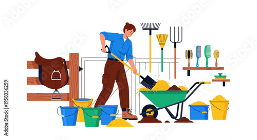 Man cleaning stable with shovel and wheelbarrow.