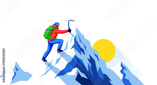 Man climbing mountain peak with ice axe.