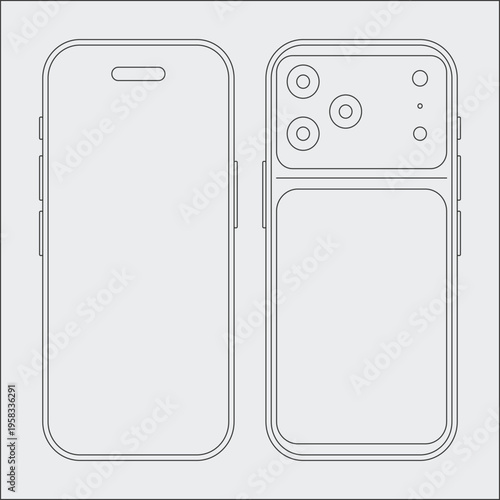 A technical drawing of a smartphone from the front and back showcasing its sleek design and camera layout