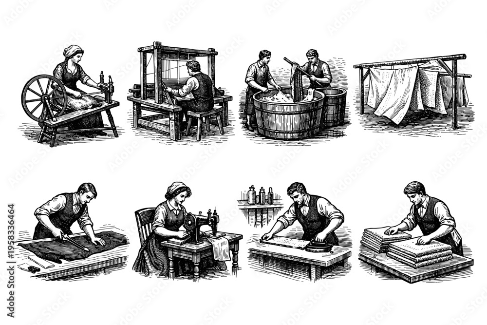 Naklejka premium Vintage textile manufacturing process with people working on different stages