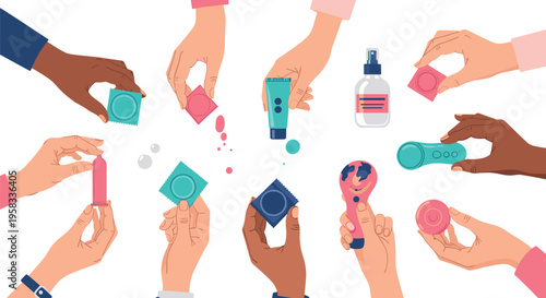 Multiple hands with diverse skin tones hold various sexual health and pleasure products, including condoms, lubricant, and vibrators.