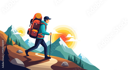 Man hiking with backpack and trekking poles.