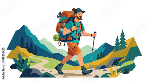 Man hiking with backpack and trekking poles.