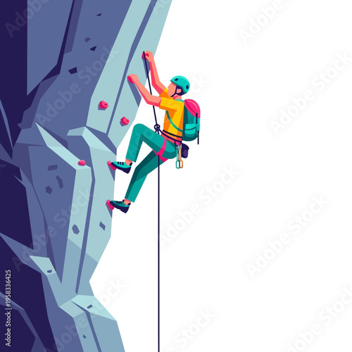 Man climbing steep rock face with safety rope.