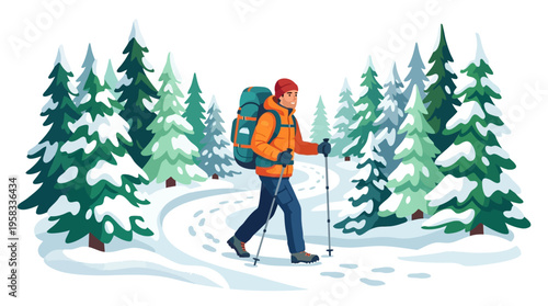 Man hiking with backpack and poles in snowy forest.
