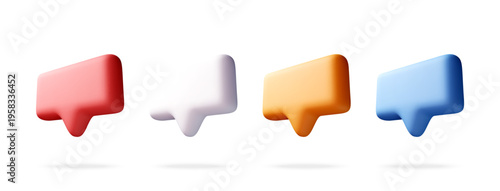 Set of colorful three dimensional speech bubbles. Realistic chat icons for mobile application and social media interface. Digital notification alert element isolated on white. Vector illustration