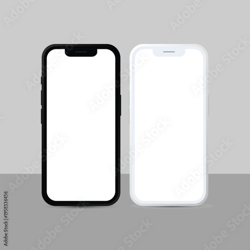 Two smartphones with blank screens in black and white colors on a gray background