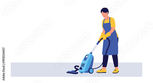 A woman in a blue apron and yellow gloves vacuums a light grey floor with a blue canister vacuum cleaner.