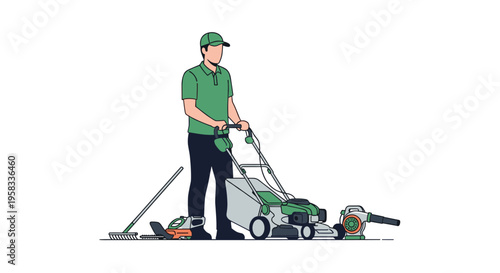 A man in a green uniform and cap stands next to a lawnmower, rake, hedge trimmer, and leaf blower on a light grey ground.