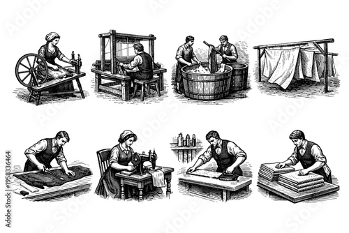 Vintage textile manufacturing process with people working on different stages