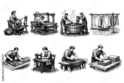 Vintage textile manufacturing and garment creation process illustrations
