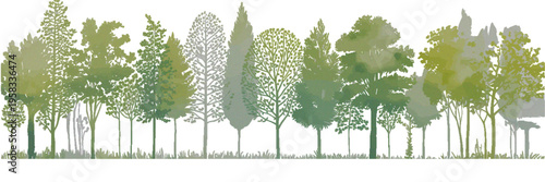 Minimal CAD Tree Line Drawing, Wetland Forest Section Vector Set, Side View Architectural Illustration for Landscape Design, Urban Planning, and Environmental Elevation Presentation