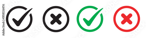 Green tick and red cross checkmarks, right and wrong icons set, approval rejection symbols, checkmark and X mark vector illustration