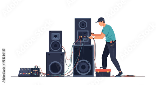 Man Connecting Audio Speakers for Sound System Setup.