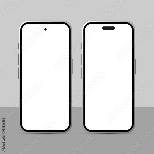 Two blank smartphones with modern designs on a gray background for mockup purposes