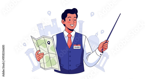 Man holding map and pointer stick illustration.