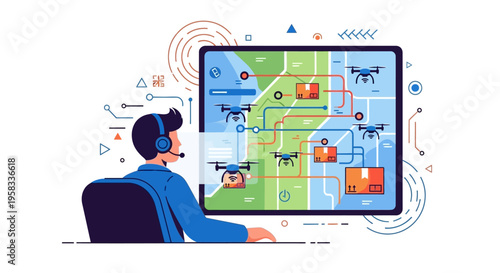 Man controlling drone delivery system on screen.