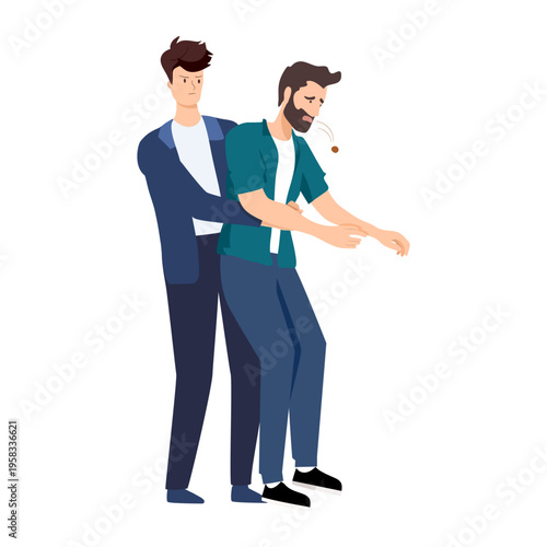 Heimlich technique is demonstrated by man saving friend who was choking and pressing on stomach to restore breathing. Girl provides first aid and uses heimlich technique to avoid harm to health.