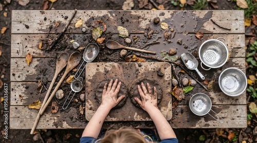Top view of child hands making mud pies on a wooden board with spoons and metal utensils during messy outdoor sensory play.