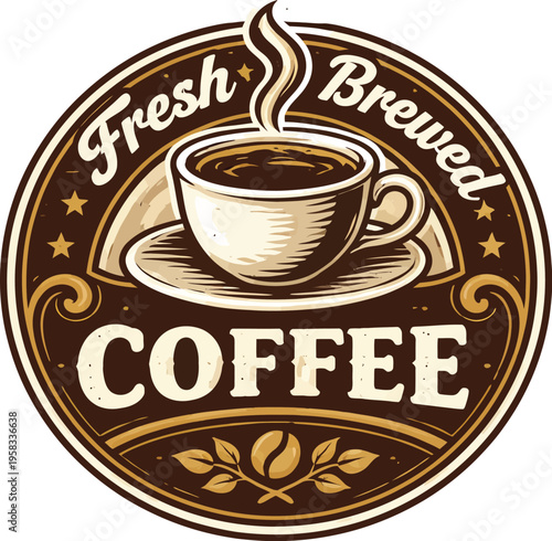 Classic vintage coffee badge logo with steaming cup and bold typography. Perfect for cafes, coffee shops, roasters and beverage brands seeking a warm, retro identity.