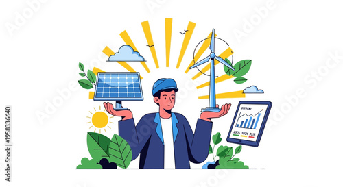Man holding solar panel and wind turbine representing renewable energy.