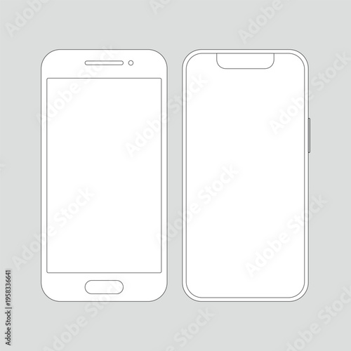 A detailed technical drawing of two smartphone designs on a gray background
