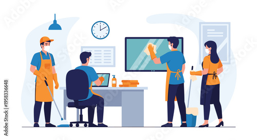 Four masked cleaners in blue and orange uniforms clean an office with mops, a laptop, and a TV screen.
