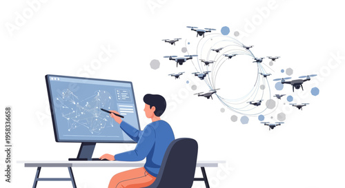 Man controlling drone swarm from computer interface.