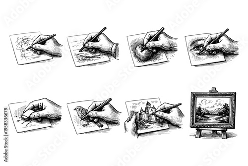 Illustrations show the process of learning to draw and paint various subjects