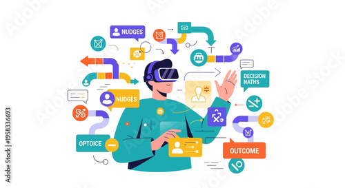 Man Immersed in Virtual Reality Experience Interacting with Digital Interfaces.