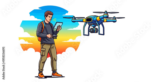 Man controlling drone with tablet computer aerial photography technology.