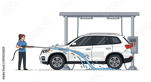 A woman pressure washes a white SUV on a car wash lift with water spraying from the hose on a white background.