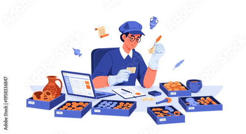 Man in blue uniform meticulously examining artifacts with gloved hands.